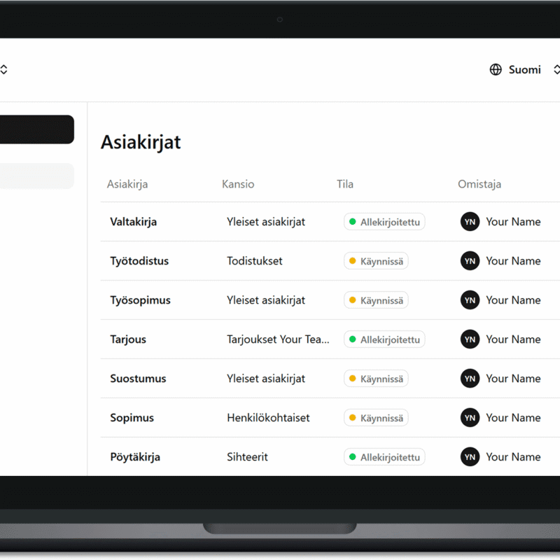 Kannettavan tietokoneen näytöllä avoinna Binkin sähköinen allekirjoitus -sovellus.
