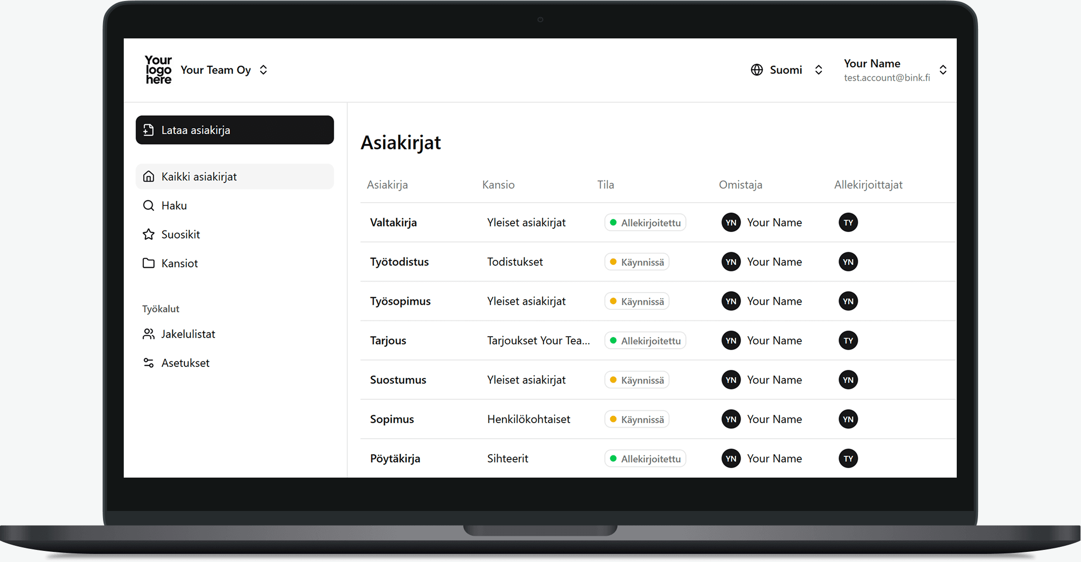 Kannettavan tietokoneen näytöllä avoinna Binkin sähköinen allekirjoitus -sovellus.