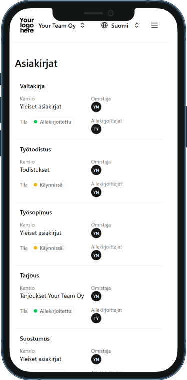 Älypuhelimen näytöllä avoinna Binkin sähköinen allekirjoitus -sovellus.