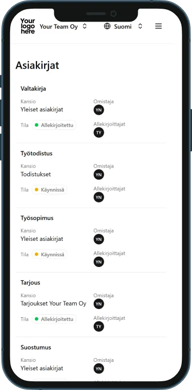 Älypuhelimen näytöllä avoinna Binkin sähköinen allekirjoitus -sovellus.