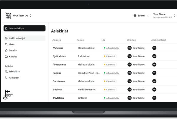 Sähköinen allekirjoitus Bink-järjestelmän käyttöliittymässä.