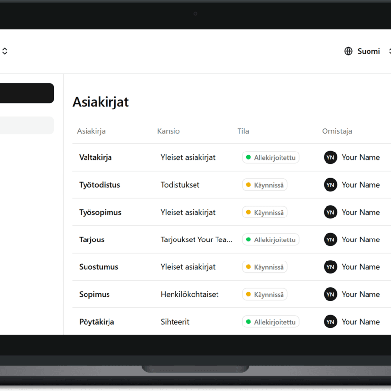 Sähköinen allekirjoitus Bink-järjestelmän käyttöliittymässä.