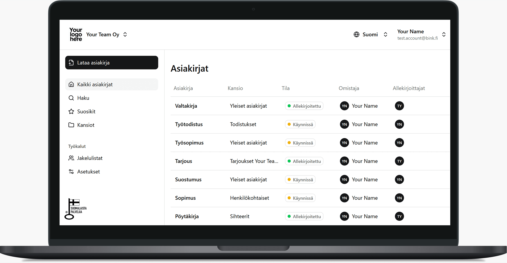 Sähköinen allekirjoitus Bink-järjestelmän käyttöliittymässä.