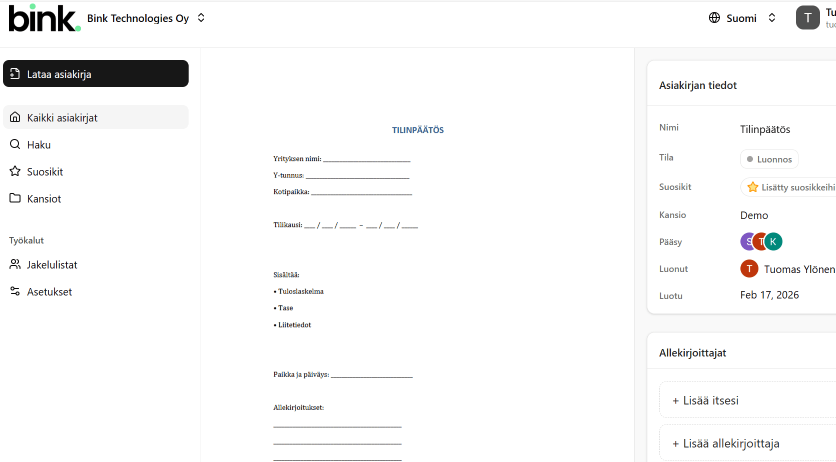 Bink tilinpäätöksen sähköinen allekirjoitusprosessi