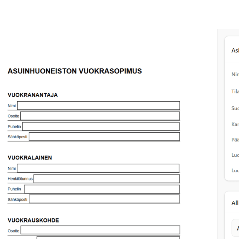 Vuokrasopimuksen sähköinen allekirjoitus työn alla Bink.fi-palvelun käyttöliittymässä.