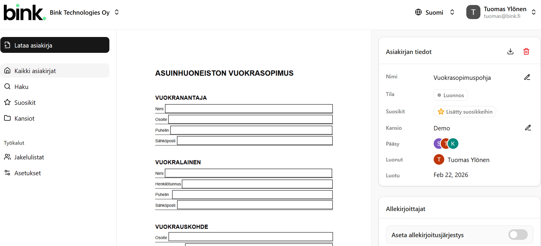 Vuokrasopimuksen sähköinen allekirjoitus työn alla Bink.fi-palvelun käyttöliittymässä.