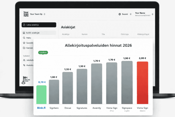 Sähköinen allekirjoituspalvelu vertailu 2026 - Bink Kuvaus Pakolliset kentät on merkitty * Image URL BG Color Enter your color in hex format e.g. "#1ed760 Masonry Sizing Regular Color Mapping Original Color Alpha Original Particle Color Will only be used if Color Mapping is set to "Solid Color". Enter your color in hex format e.g. "#1ed760 Particle Density Very Low The lower the density, the higher the performance Max Particle Size The default is 3 Siirrä ylöspäinSiirrä alaspäinAvaa/sulje paneeli: Tallenna Siirretty: 17.3.2026 21:34 Siirtänyt: Tuomas Ylönen Tiedoston URL-osoite: https://bink.fi/wp-content/uploads/2026/03/sahkoinen-allekirjoituspalvelu-hinnat.png Kopioi verkko-osoite leikepöydälle Lataa tiedosto Tiedoston nimi: sahkoinen-allekirjoituspalvelu-hinnat.png Tiedoston tyyppi: PNG Tiedostokoko: 941 kt Koko: 1536 kertaa 1024 pikseliä Poista pysyvästi Siirrä ylöspäinSiirrä alaspäinAvaa/sulje paneeli: LiteSpeed Disable Cache Disable Image Lazyload Disable VPI Viewport Images Viewport Images - Mobile Learn More Siirrä ylöspäinSiirrä alaspäinAvaa/sulje paneeli: Evästebanneri Poista Complianz käytöstä tällä sivulla Siirrä ylöspäinSiirrä alaspäinAvaa/sulje paneeli: WPCode Page Scripts