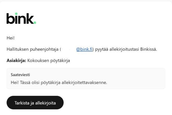 Binkin sähköpostikutsu pöytäkirjan allekirjoittamiseen - viesti sisältää "Tarkista ja allekirjoita" -napin