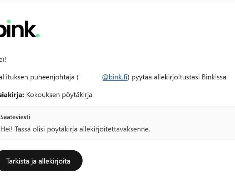 Binkin sähköpostikutsu pöytäkirjan allekirjoittamiseen - viesti sisältää "Tarkista ja allekirjoita" -napin