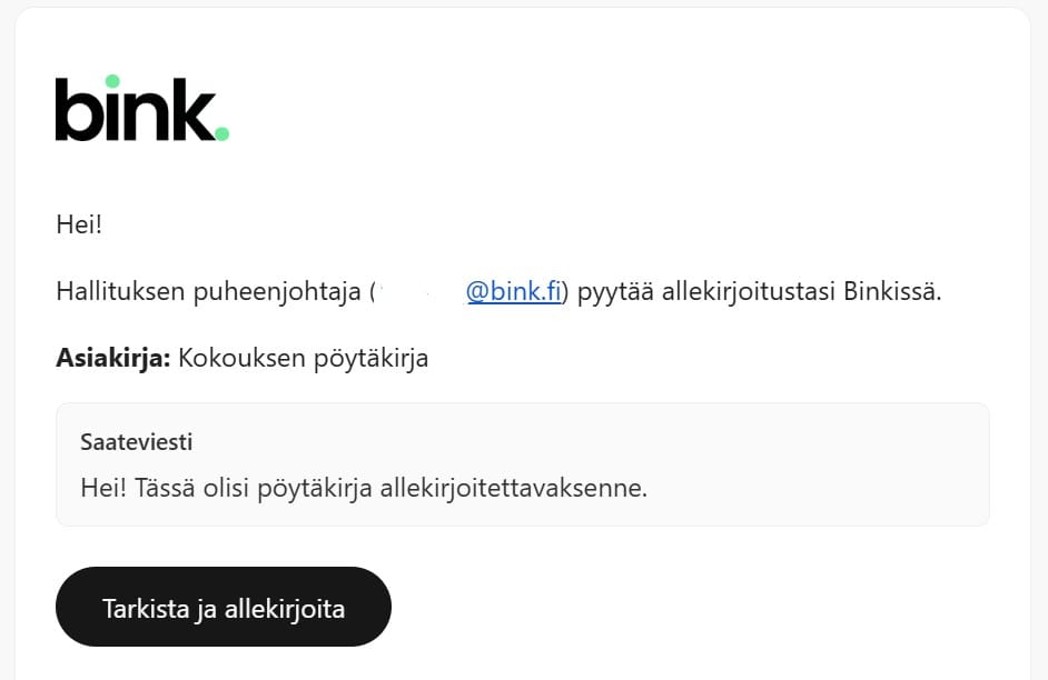 Binkin sähköpostikutsu pöytäkirjan allekirjoittamiseen - viesti sisältää "Tarkista ja allekirjoita" -napin